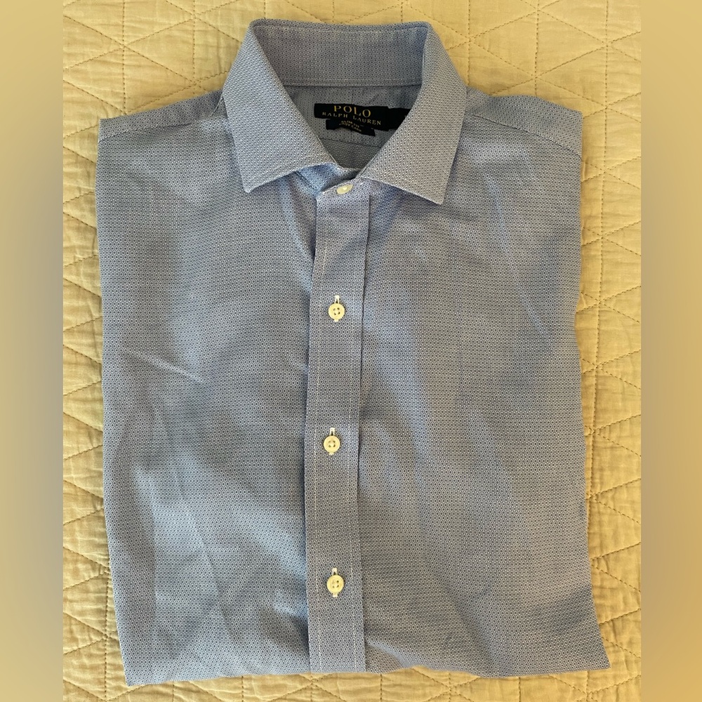Polo Ralph Lauren Slim Fit Easy Care Geo Print Dress Shirt in Blue Size 15‎ 1/2